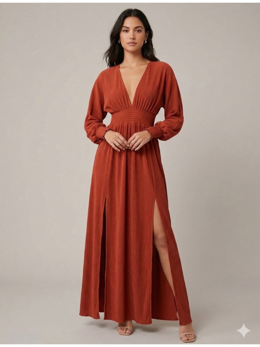ASOS Women’s Long Sleeve Maxi Dress Smocked Waist Side Slits terracotta Size 4